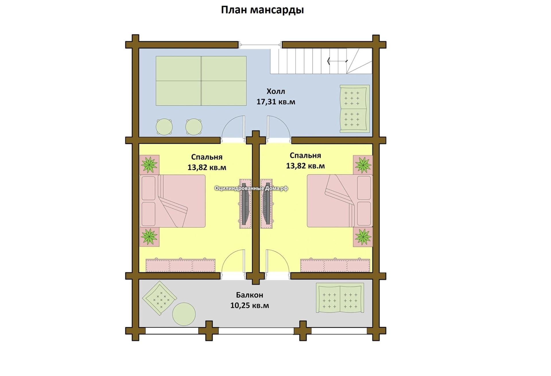 Проект дома мансардой из оцилиндрованного бревна 